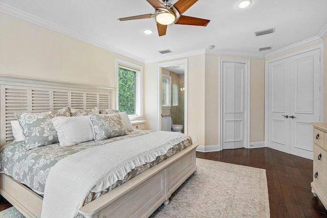 bedroom featuring connected bathroom, ceiling fan, ornamental molding, and dark hardwood / wood-style floors