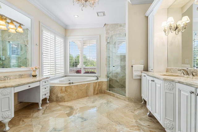 bathroom with vanity, crown molding, an inviting chandelier, and plus walk in shower