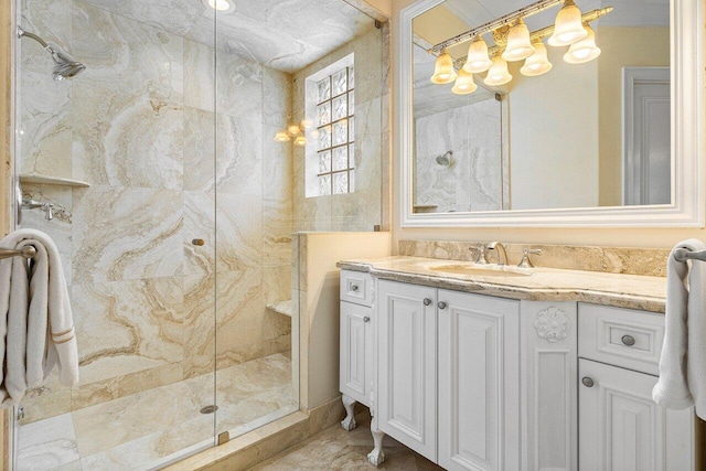 bathroom featuring vanity and tiled shower