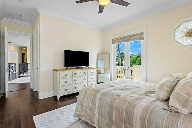 bedroom featuring dark wood-type flooring, ceiling fan, crown molding, and access to outside