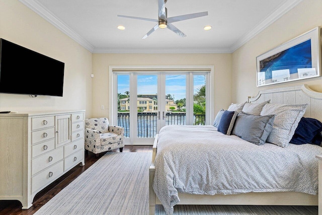 bedroom with dark wood-type flooring, access to exterior, french doors, and ceiling fan