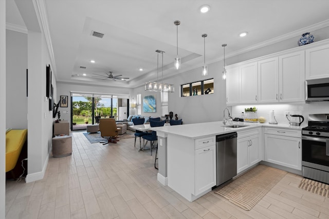 kitchen with ceiling fan, hanging light fixtures, sink, white cabinetry, and appliances with stainless steel finishes