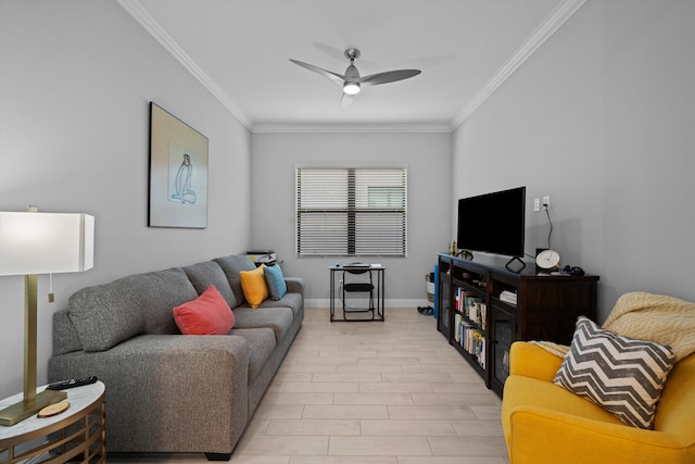 living room with crown molding and ceiling fan