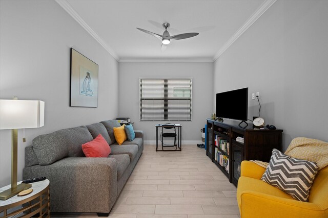 living room with ornamental molding, ceiling fan, sink, and light hardwood / wood-style flooring