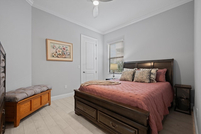 bedroom with crown molding, ceiling fan, and light wood-type flooring