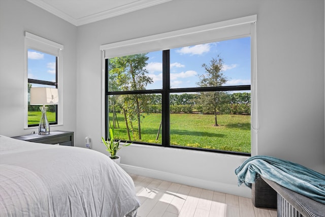 bedroom with crown molding and light hardwood / wood-style flooring