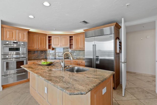 570 Ocean Dr Unit 1302, Juno Beach, FL 33408 - kitchen with a warming drawer, stainless steel appliances, open shelves, a sink, and backsplash