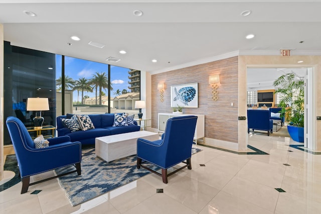 570 Ocean Dr Unit 1302, Juno Beach, FL 33408 - common area with recessed lighting, a wall of windows, and ornamental molding