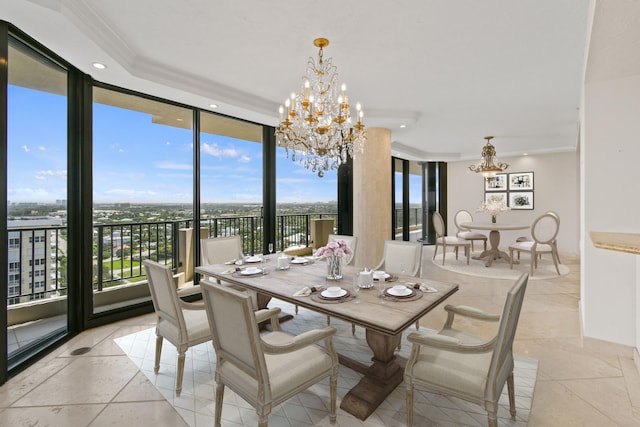 dining space with floor to ceiling windows, crown molding, and an inviting chandelier