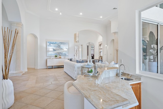 living room with crown molding and sink