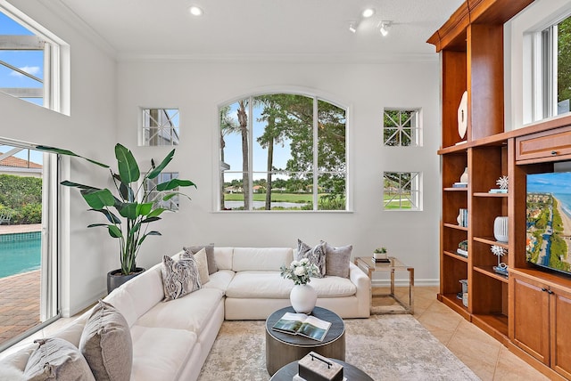 living room with crown molding and light tile patterned flooring