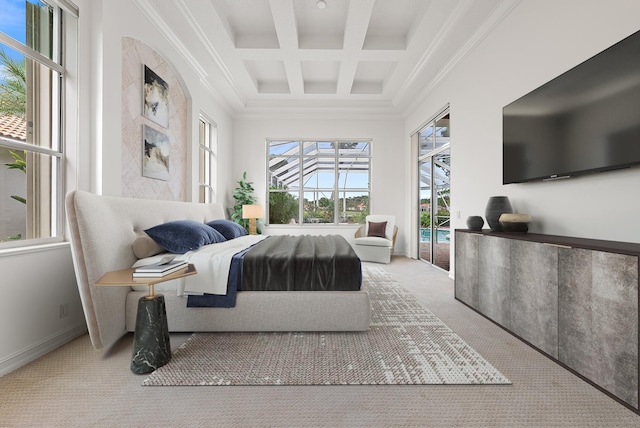 bedroom with multiple windows, light colored carpet, coffered ceiling, and crown molding