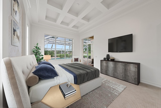 carpeted bedroom featuring coffered ceiling, beamed ceiling, and ornamental molding