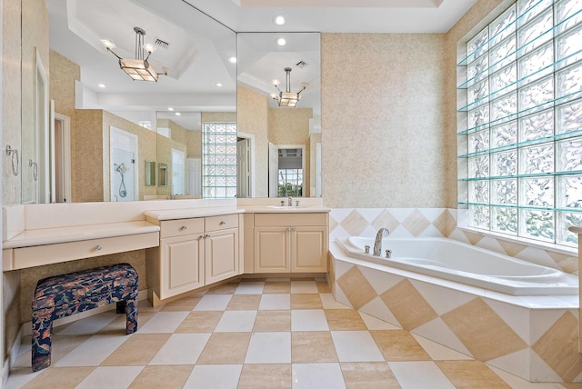 bathroom with vanity, ornamental molding, separate shower and tub, and a wealth of natural light