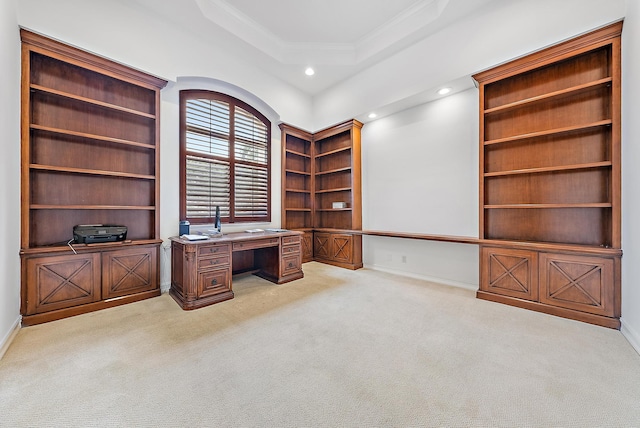 unfurnished office with light carpet, crown molding, and a raised ceiling