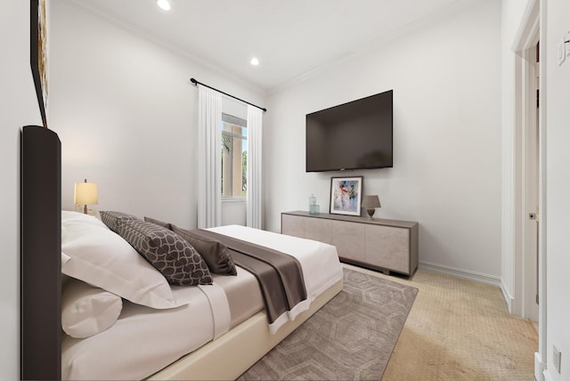 carpeted bedroom featuring ornamental molding