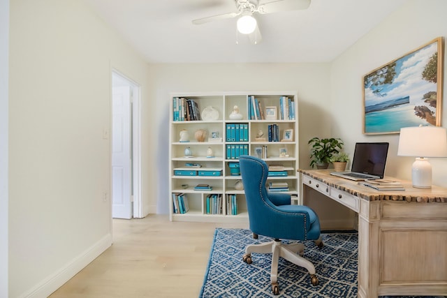 office area with ceiling fan and light hardwood / wood-style flooring