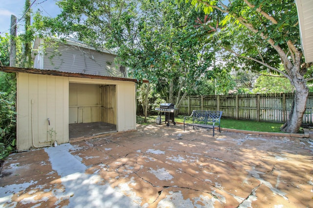 view of patio / terrace with a grill and a storage unit