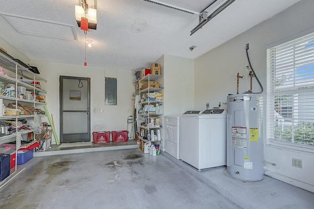 garage with washer and dryer, electric panel, electric water heater, and a garage door opener