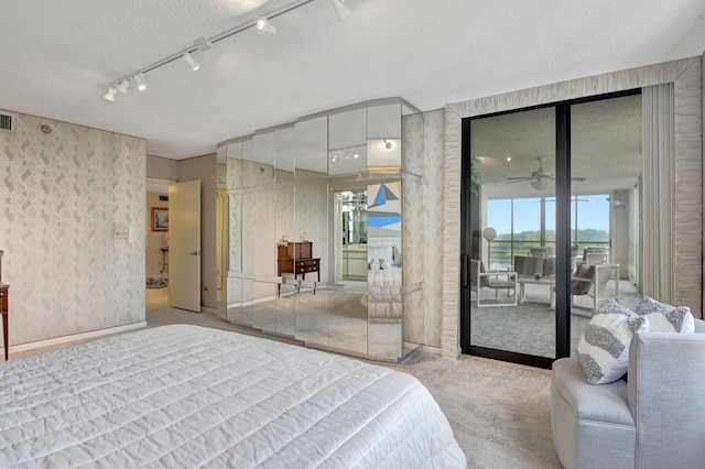 carpeted bedroom featuring access to exterior, a textured ceiling, and rail lighting