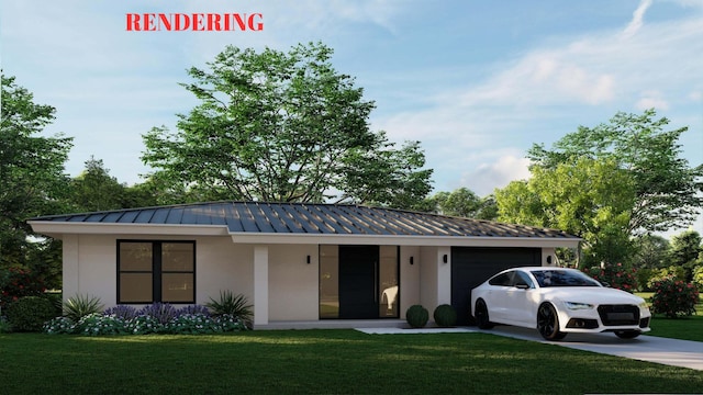 view of front of home with a garage and a front lawn