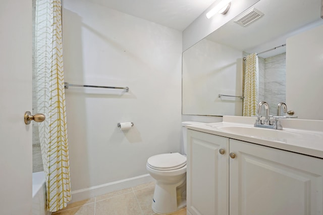 full bathroom with shower / bath combination with curtain, tile patterned floors, vanity, and toilet