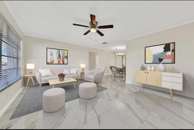 living room featuring baseboards, visible vents, ceiling fan with notable chandelier, and marble finish floor