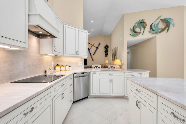 kitchen with white cabinetry, stainless steel dishwasher, light tile patterned floors, and custom range hood