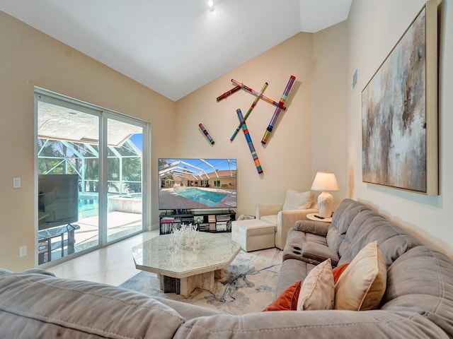 tiled living room with vaulted ceiling