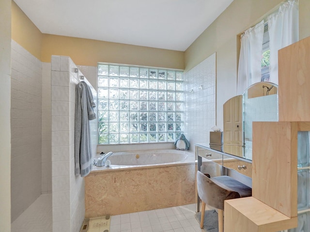 bathroom featuring tile patterned floors and plus walk in shower