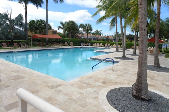 view of swimming pool featuring a patio area