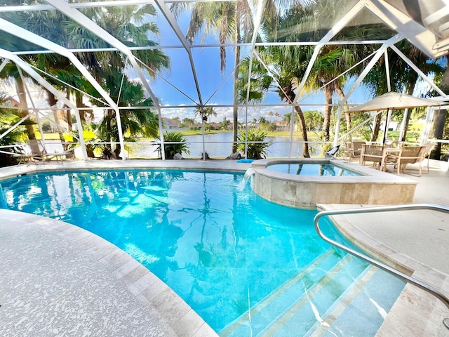 view of swimming pool with a water view, an in ground hot tub, a patio area, and a lanai