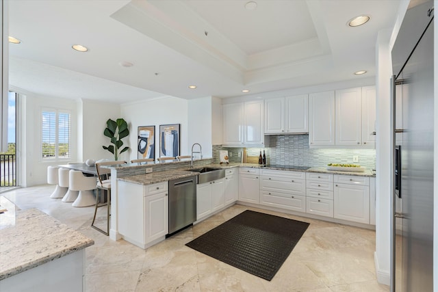 kitchen featuring stainless steel appliances, a sink, ornamental molding, decorative backsplash, and a raised ceiling