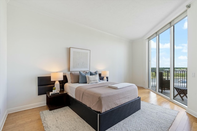 bedroom featuring access to exterior, light wood-style floors, and baseboards