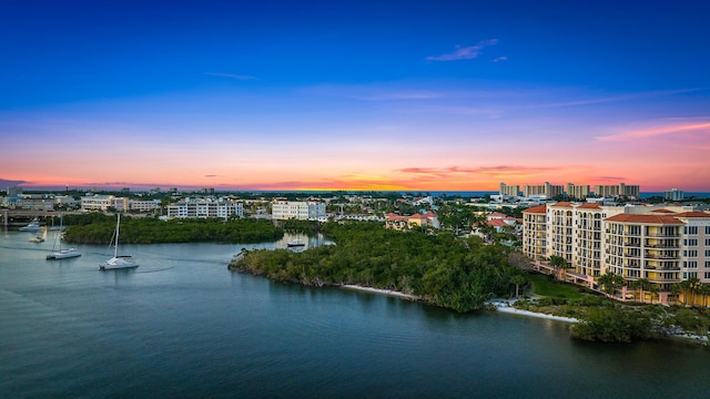 drone / aerial view with a water view and a city view