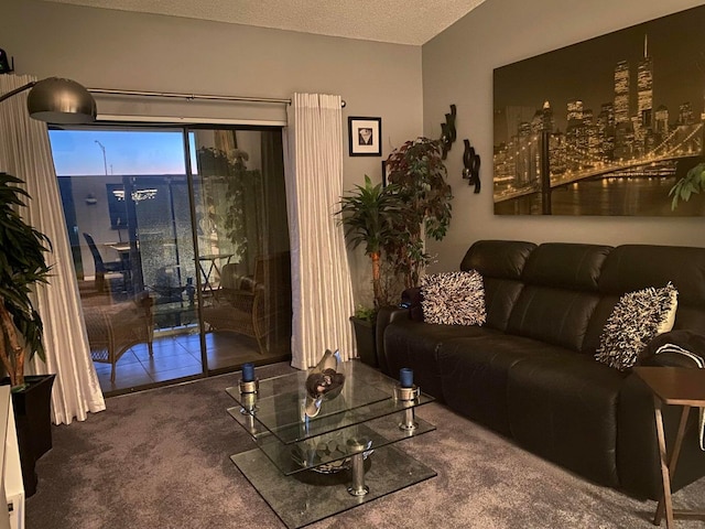 living room with a textured ceiling and dark carpet