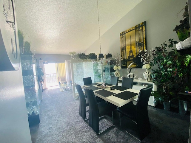 carpeted dining room with vaulted ceiling and a textured ceiling