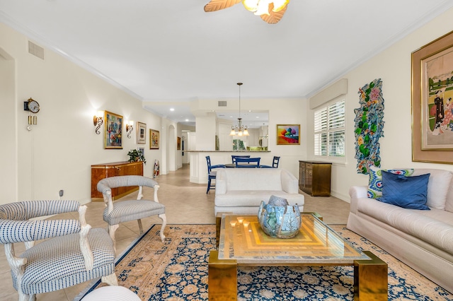 6189 Island Walk Unit A, Boca Raton, FL 33496 - living area featuring crown molding, a notable chandelier, baseboards, light tile patterned floors, and visible vents