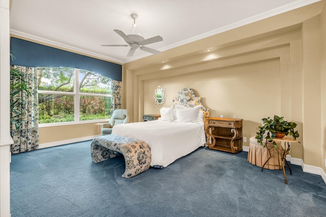 carpeted bedroom featuring ornamental molding and ceiling fan