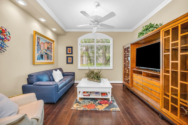 6189 Island Walk Unit A, Boca Raton, FL 33496 - living room with crown molding, a ceiling fan, recessed lighting, and dark wood-type flooring