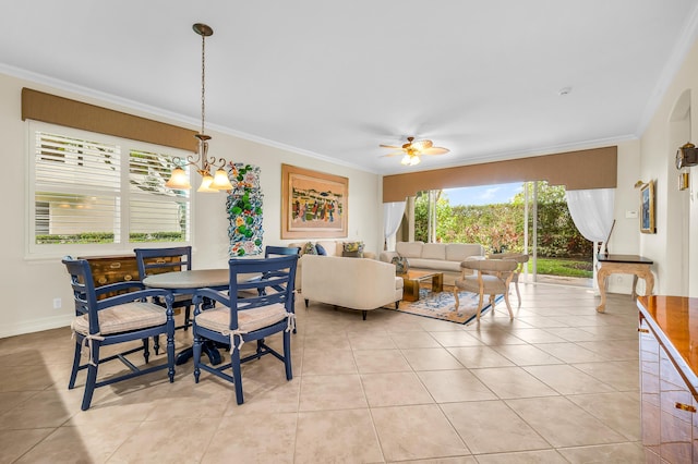 6189 Island Walk Unit A, Boca Raton, FL 33496 - dining space with crown molding, light tile patterned floors, baseboards, and ceiling fan with notable chandelier