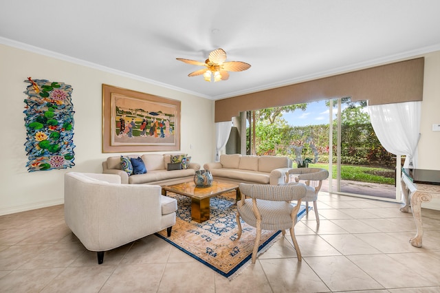 living room with crown molding, ceiling fan, and light tile patterned floors