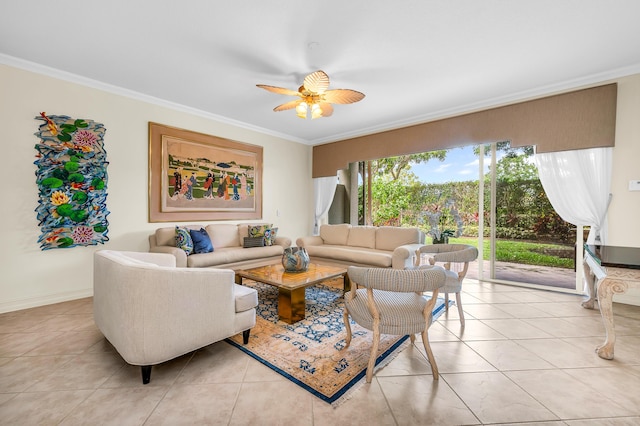6189 Island Walk Unit A, Boca Raton, FL 33496 - living area with light tile patterned floors, baseboards, ornamental molding, and ceiling fan