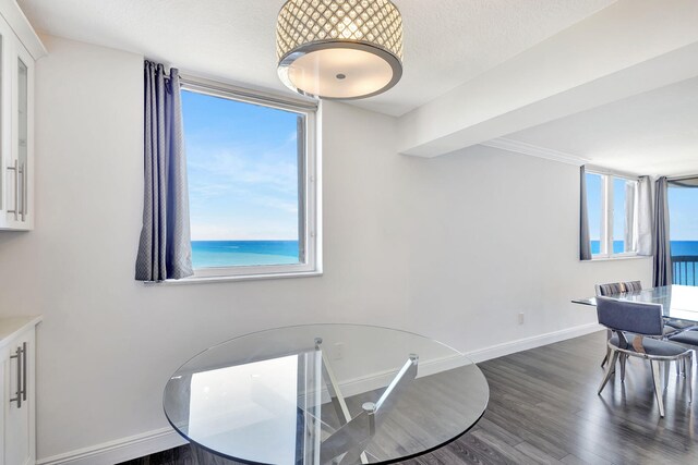 dining room featuring a water view, crown molding, dark wood-type flooring, and a textured ceiling