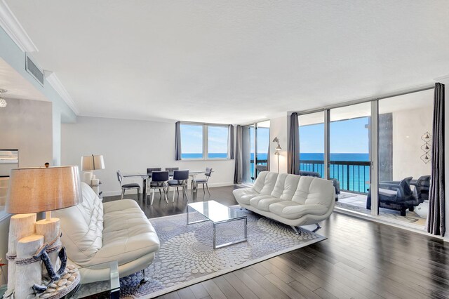 living room featuring a water view, crown molding, expansive windows, and dark hardwood / wood-style flooring