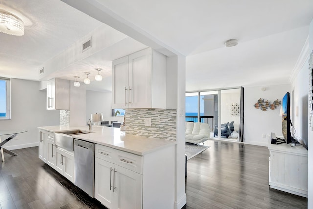 kitchen with a wealth of natural light, dishwasher, white cabinetry, and tasteful backsplash