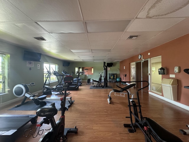 exercise room with wood finished floors, visible vents, baseboards, and a paneled ceiling