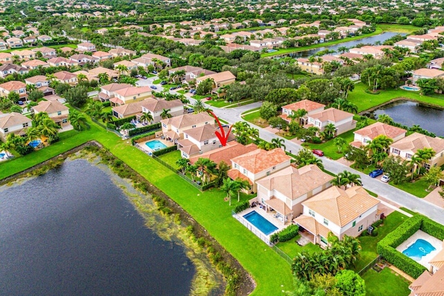 aerial view featuring a water view