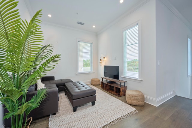 living room with a healthy amount of sunlight and ornamental molding