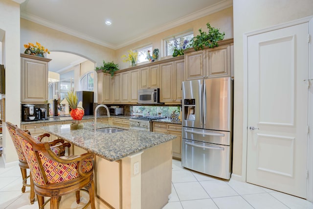 kitchen featuring light stone counters, an island with sink, sink, appliances with stainless steel finishes, and a kitchen bar